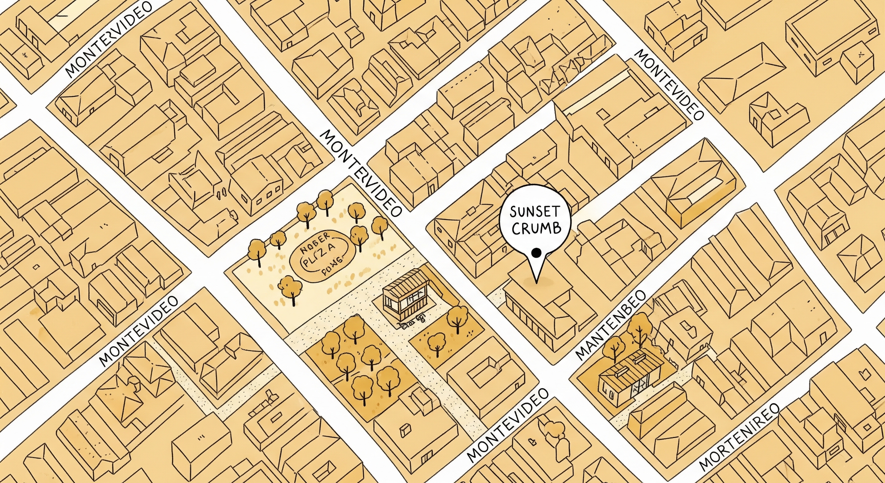 Mapa ilustrado del barrio con el marcador de Sunset Crumb destacado entre las calles y referencias cercanas de Montevideo