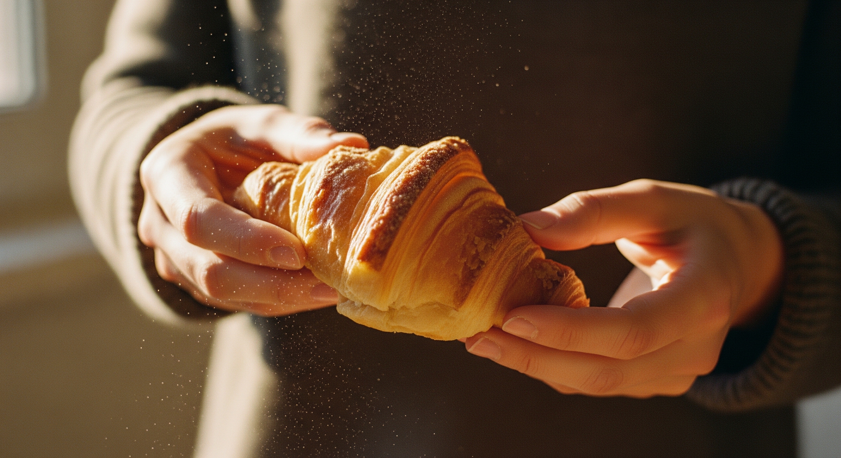 Manos espolvoreadas de harina partiendo un croissant sobre un mostrador de mármol desgastado